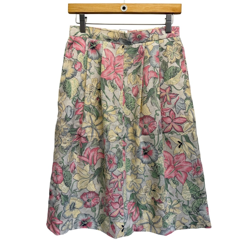 Vintage Floral Linen Blend Midi Skirt High Waisted Pleated Pockets Pink Yellow